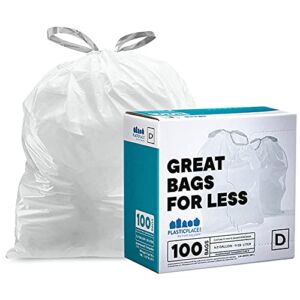 Plasticplace Custom Fit Trash Bags │ simplehuman (x) Code D Compatible (100 Count) │ White Drawstring Garbage Liners 5.3 Gallon / 20 Liter │ 15.75″ x 28″