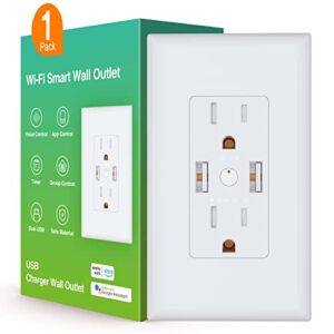 Smart Wall Outlet, 2 USB Ports WiFi Outlet Compatible with Alexa and Google Assistant, Tamper-Resistant Receptacles for Smart Home and Office, Surge Protection, Easy install, 15A/1800W