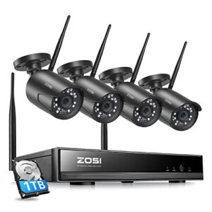 ZOSI 2K 3MP Wireless Security Camera System Outdoor Indoor, 4 x 3MP WiFi IP Camera and H.265+ 8CH NVR with 1TB Hard Drive for 24/7 Recording, Night Vision, Motion Alert, Remote Control
