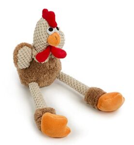 goDog Checkers Skinny Rooster Squeaky Plush Dog Toy, Chew Guard Technology – Brown, Small
