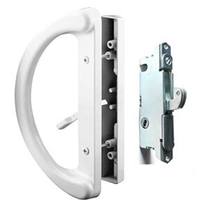 Patio Door Handle Set + Mortise Lock 45° Perfect Replacement for Sliding Glass Door Fits 3-15/16” Screw Hole Spacing, Non-keyed with Mortise Latch Locks,White Diecast,Reversible Design(Non-Handed)