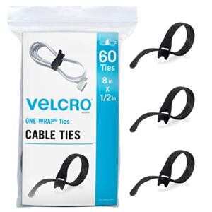 VELCRO Brand Heavy Duty Cable Ties Reusable | 60Pc Bulk Pack | 8 x 1/2″ ONE-WRAP Straps, Black | Strong Wire Management | Cord Bundling for Home Office and Data Centers