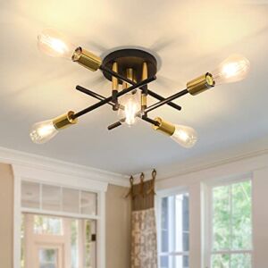 UOFUS 5 Light Semi Flush Mount Ceiling Light Fixture Matte with E26 Base Modern Black and Gold Chandelier Ceiling Lamp for Farmhouse Hallway Kitchen Dining Room Bedroom Study Living Room Bathroom