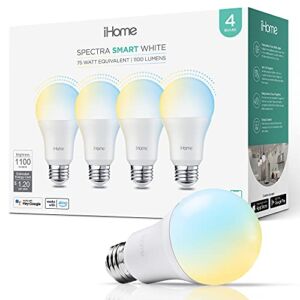 iHome Spectra Smart White Lights, 1100 Lumens 10W, 75W Equivalent, A19 E26 Tunable and Dimmable WiFi Smart Bulb, No Hub Required, Works with Alexa and Google Home, 4 Pack