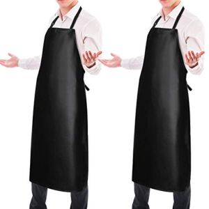 2 Pack Waterproof Rubber Vinyl Apron 40″ Light Duty Model Chemical Resistant Work Apron Clothes Durable Extra Long Black with Adjustable Bib Apron for Dishwashing Lab Work Butcher Cleaning Fish Black