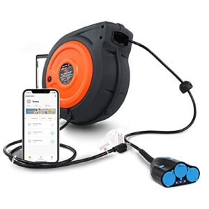 SuperHandy Cord Reel, Retractable, (14AWG x 50′ Ft) 3 Outlet – Works with Alexa Built-in Smart Plugs, IP64 Waterproof, 13A 1625W, Slow & Safe Retraction