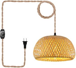 Plug in Pendant Light Rattan Hanging Lamp with Dimmable Switch 14feet Hemp Rope Cord Bamboo Lampshade Rattan Hanging Lights Fixture with Plug in Cord