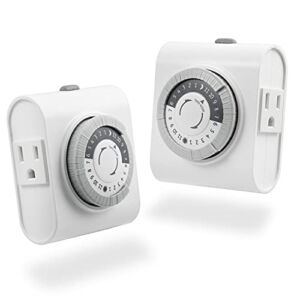GE 24-Hour Heavy Duty Indoor Plug-in Mechanical 2 Pack, 2 Grounded Outlets, 30 Minute Intervals, Daily On/Off Cycle, for Lamps, Seasonal Lighting, Holiday Decorations, 46211 Timer, Gray/White, 2 Count