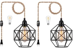 Plug in Pendant Light,Hanging Lights with Plug in Cord 14Ft Hemp Rope Hanging Lamp Cage Lampshade Pendant Lighting Fixtures with Dimmable Switch for Living Room Bedroom Kitchen Island(2Pack)