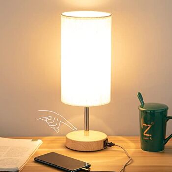 Bedside Lamp with USB Port – Touch Control Table Lamp for Bedroom Wood 3 Way Dimmable Nightstand Lamp with Round Flaxen Fabric Shade for Living Room, Dorm, Home Office (LED Bulb Included) | The Storepaperoomates Retail Market - Fast Affordable Shopping