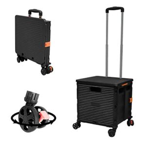 Foldable Utility Cart Folding Portable Rolling Crate Handcart with Durable Heavy Duty Plastic Telescoping Handle Collapsible 4 Rotate Wheels for Travel Shopping Moving Luggage Office Use (Black)