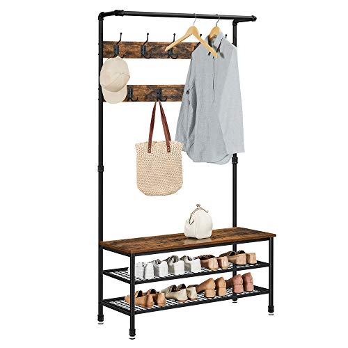 VASAGLE DAINTREE 3-in-1 Entryway Coat Rack and Storage Bench, Pipe Style Hall Tree with 9 Hooks, Multifunctional, Sturdy Steel Frame, Large Size, Industrial, Rustic Brown and Black UHSR47BX | The Storepaperoomates Retail Market - Fast Affordable Shopping