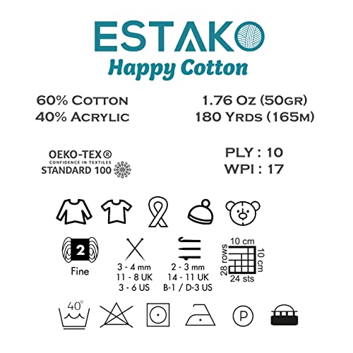 Estako Happy Cotton, 60% Cotton 40% Acrylic Yarn, Soft, Fine / Sport (2) for Crochet and Knitting 1.76 Oz (50g) / 180 Yrds (165m) ( 4150 – Cream ) | The Storepaperoomates Retail Market - Fast Affordable Shopping