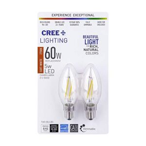 Cree Lighting B11 Clear Glass Filament Candelabra 60W Equivalent LED Bulb, 500 lumens, Dimmable, Soft White 2700K, 25,000 Hour Rated Life, 90+ CRI, Good for Enclosed | 2-Pack