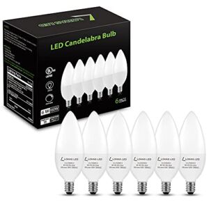 LOHAS E12 LED Candelabra Light Bulb 60W Incandescent Light Bulb, Dimmable 6W Soft White 3000K Chandelier Bulbs for Ceiling Fan, 550 Lumens, UL Listed, Candle Light Bulbs for Home Office Hotel, 6 Pack