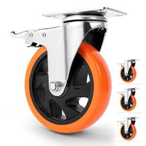 W B D WEIBIDA 5 inch Swivel Caster Wheels with Dual Locking, Heavy Duty of 1400lbs, Premium Polyurethane No Noise Wheels for Furniture and Cart Set of 4(Free Bolts and Nuts and Spanner)