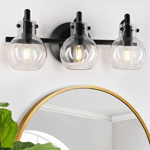 Bathroom Vanity Light Fixtures, Modern 3 Lights Wall Sconce Lighting Matte Black, Farmhouse Metal Wall Lamp with Globe Glass Shade, Porch Wall Mount Light Fixture for Mirror Cabinets Hallway Stairs