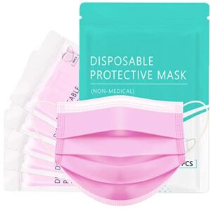 [Upgraded Packaging] Assacalynn Pink Face Mask Disposable 50pcs, Individually Packed Light Pink Masks for Women Lady, Breathable 3-Ply Mask with Wider Elastic Ear Loops