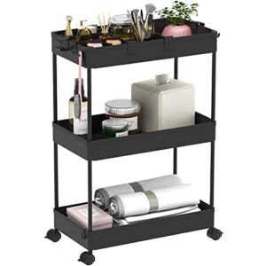 SPACELEAD 3 Tier Rolling Cart with Wheels, Storage Craft Art Cart Trolley Organizer Serving Cart, 3 Hanging Baskets Easy Assembly, for Office, Living Room, Kitchen, Black
