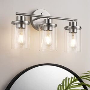 EDISHINE Vanity Light Fixtures, 3-Light Mordern Brushed Nickel Bathroom Vanity Lights Over Mirror, Farmhouse Wall Sconce with Clear Glass Shades for Bathroom, Vanity Table, Living Room( E26 Base)