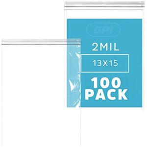 GPI PACK of 100, 2 Gallon, 13″ x 15″, CLEAR PLASTIC RECLOSABLE ZIP BAGS – Bulk 2 mil, Large, Strong & Durable Poly Baggies with Resealable Zip Top Lock for Travel, Storage, Packaging & Shipping.