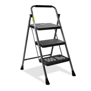 3 Step Ladder, GOLYTON Folding Step Stool with Anti-Slip Wide Pedal & Convenient Handgrip, 500lbs Capacity Steel Ladder for Household and Office, Grey