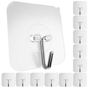 GLUIT Adhesive Hooks for Hanging Heavy Duty Wall Hooks 22 lbs Self Adhesive Sticky Hooks Waterproof Transparent Hooks for Keys Bathroom Shower Outdoor Kitchen Door Home Improvement Sticky Hook 12 Pack