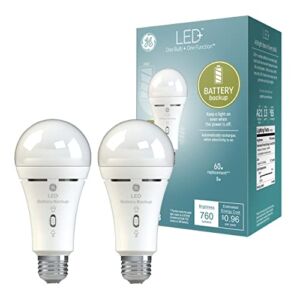 GE LED+ Battery Backup Light Bulb, Emergency Light Bulb for Power Outages, Flashlight Bulb, A21 Light Bulb (2 Pack)