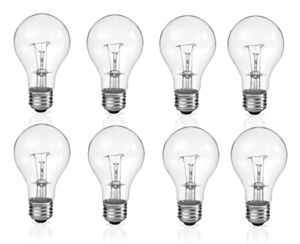 (Pack of 8) Incandescent 60 Watt A19 Light Bulb: Clear Standard Household E26 Medium Base Rough Service Light Bulbs