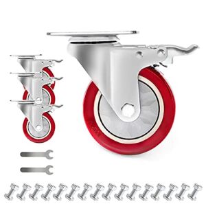D&L 4 Inch Plate Swivel Casters Wheels 1800lbs Heavy Duty Casters with Brake Polyurethane Dual Locking Casters Set of 4 Red DL-I4-001