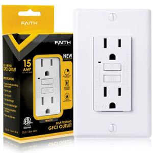 Faith 15A GFCI Outlet, Non-Tamper-Resistant GFI Duplex Receptacle with LED Indicator, Self-Test Ground Fault Circuit Interrupter with Wall Plate, ETL Listed, White