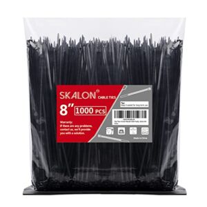 Zip Ties 8 inch (1000 Pack), 40lbs Tensile Strength, Black Cable Ties, Wire Ties for indoor and outdoor use, by Skalon