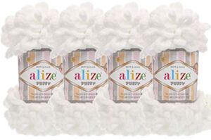4 skn/Ball Alize Puffy Baby Big Loop Blanket Yarn 100% Micropolyester Soft Yarn 400gr 39.3 yds (55-White)