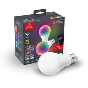 Globe Electric 34207 Wi-Fi Smart 10 Watt (60W Equivalent) Multicolor Changing RGB Tunable White Frosted LED Light Bulb 2-Pack, No Hub Required, Voice Activated, 2000K – 5000K, A19 Shape, E26 Base
