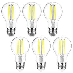 Ascher 60 Watt Equivalent, E26 LED Filament Light Bulbs, Daylight 5000K, Non-Dimmable, Classic Clear Glass, A19 LED Light Bulb with 80+ CRI, Pack of 6