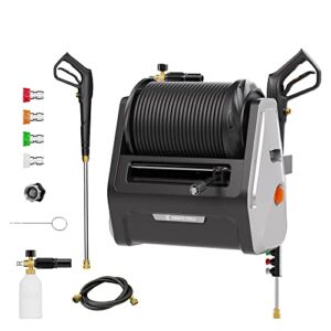 Giraffe Tools Grandfalls Pressure Washer Plus, Electric Wall Mount Pressure Washer, Power Washer Wall Mount with Retractable Hose Reel, 4 Nozzles, Metal Foam Cannon for Outdoor Cleaning