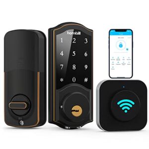 WiFi Smart Door Lock,Hornbill Keyless Entry Keypad Deadbolt with Gateway Remote Control Digital Front Door Lock Bluetooth Electronic Auto Lock Touchscreen Work with Alexa Code for Home Office Airbnb