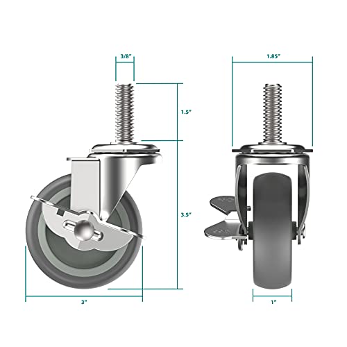 HOLKIE Caster Wheels 3 inch Locking Stem Casters, 3/8″ -16 x 1-1/2″ (Stem Diameter 3/8″, Stem Length 1-1/2″) Threaded Stem Casters Swivel Casters Set of 4 Heavy Duty Castors Gray | The Storepaperoomates Retail Market - Fast Affordable Shopping