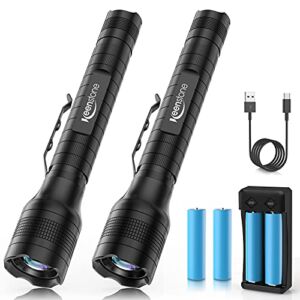 Rechargeable Flashlights, Keenstone LED Flashlights 1500 High Lumens, High Powered Tactical Flashlight for Emergencies or Hiking, Waterproof, 5 Modes, 2 Pack, Charger and 4pcs Batteries Included