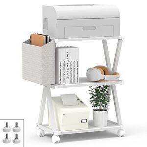 VEDECASA White Mobile Printer Stand 3 Tier Wood Shelf Metal Frame Printer Cart with Storage Bag for Home Office Modern Under Desk Table Side Printer Cart with Rolling Caster Wheel (White)