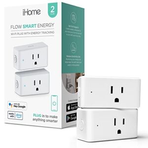 iHome Flow Smart Plug with Energy Monitoring and Timer Function, Wireless Wi-Fi Outlet Socket with On/Off Button, No Hub Required, Compatible with Alexa, Echo, and Google Home, 2-Pack