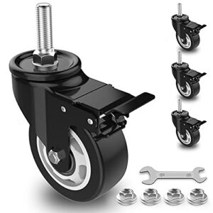 Homhoo 3″ Stem Caster Wheels with Safety Dual Locking, Heavy Duty Threaded Stem Casters, No Noise Swivel Castors with Brakes, 250 Lbs Load Capacity Per Caster(Set of 4)