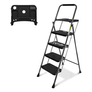4 Step Ladder, GOLYTON Lightweight Folding 4 Step Stool with Tool Platform, Wide Anti-Slip Pedal and Convenient Handgrip, Sturdy Steel Ladder Hold Up to 350lbs, Grey