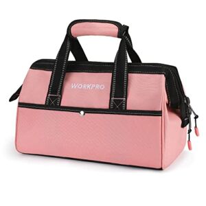 WORKPRO 13-Inch Tool Bag, Pink Soft Cloth Tool Storage Bags, Wide Mouth Tool Tote Bag with Inside Pockets – Pink Ribbon