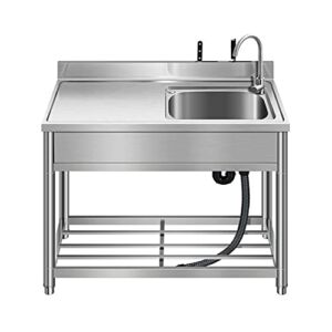 Free Standing Stainless-Steel Single Bowl Commercial Restaurant Kitchen Sink Set w/Faucet & Drainboard, Prep & Utility Washing Hand Basin w/Workbench & Storage Shelves Indoor Outdoor (39 in)