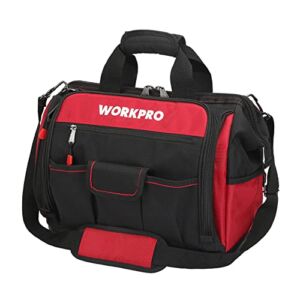 WORKPRO 16″ Top Wide Mouth Tool Bag with Water Proof Rubber Base, Multi-Compartment, 46 Pockets, For Tool Organizer & Storage, W081122A