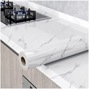 Glossy Marble Paper Granite Gray/White Wallpaper Peel and Stick Wallpaper Self Adhesive Removable Wallpaper 15.8″ ×118″ Waterproof Countertop Paper for Cabinet Countertop Furniture Kitchen Viny Film