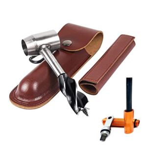 Bushcraft Gear for Survival Settlers Bushscraft Hand Auger Wrench with Flint Scotch Eye Wood Drill Peg and Manual Hole Maker Multitool with leather Case Camping brown