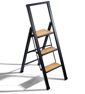 Sorfey Premium 3 Step Modern Bamboo Ladder. Lightweight, Ultra Slim Profile, Anti Slip Steps, Sturdy-Portable for Home, Office, Kitchen, Photography Use, Black Aluminum Finish