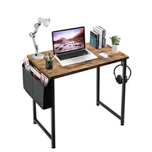 LUFEIYA Small Computer Desk Study Table for Small Spaces Home Office 31 Inch Rustic Student Laptop PC Writing Desks with Storage Bag Headphone Hook,Brown